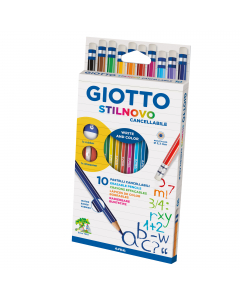 Il pastello Stilnovo con mina  cancellabile. Ideale per scrivere, colorare e sottolineare. 10 colori ognuno con gomma + una maxi gomma e un temperamatite. Pastello a sezione esagonale 6,8mm, verniciato nel colore della mina con spigoli argentati. Mina can