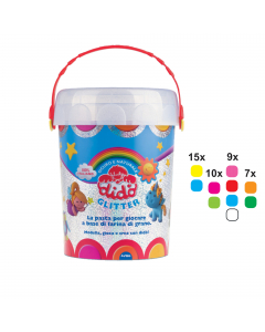 Vaso espositore con coperchio a pressione e maniglia, studiato per la vendita dei salsicciotti sfusi. L’imballo contiene al suo interno 1 vaso con 100 salsicciotti glitter da 50gr : 15 pz x giallo e azzurro chiaro, 10 pz x  fucsia e verde chiaro, 9 pz x r