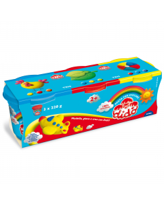 Pasta per giocare morbida, fatta con ingredienti naturali. E' innocua e non macchia. 3 barattoli da 220gr nei colori giallo-magenta-blu perlato