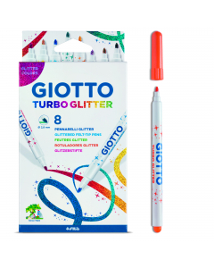 Pennarelli con speciali inchiostri glitter in 8 diversi colori. Cappuccio ventilato, punta che non rientra, tappo di sicurezza. Inchiostri sicuri a base acqua. Lavabili dalle mani e dai tessuti, in lavatrice a 40°.