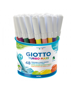 Secchiello da 48 pennarelli formato maxi (assortimento di 12 colori - 4 pz per colore)
Facili da impugnare, punta grande antirientro in fibra super resistente diam. 5mm. 
Inchiostri innocui, ottima lavabilita' da mani e tessuti. 
Cappuccio bianco ventilat