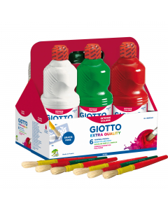 Schoolpack da 6 flaconi da 1lt in 6 colori diversi: bianco, giallo, rosso, verde, blu, nero. Compresi 6 pennellotti piu' 2 stencil decorativi. Tempera pronta all'uso ricca e densa. Facile da stendere e perfettamente omogenea. Opaca e coprente, e' ideale p