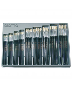 Pennello per olio, manico legno naturale verniciato nero, punta piatta in setola. Vetrinetta contenente: 20 pz del numero: 0,2,4. 14 pz del numero: 6,8,10. 8 pz del numero: 12,14,16.