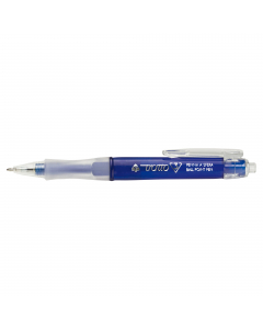 Penna a sfera a scatto con fusto triangolare e impugnatura antiscivolo. Punta in silver nichel. Sfera in carburo tungsteno. Lunghezza di scrittura 2 km.
Tratto 0,7mm. Colore : blu.