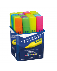 Barattolo 20 evidenziatori. Colori assortiti. Inchiostro a base d'acqua che asciuga rapidamente su tutti i tipi di carta normale, autoricalcante e fax. Punta scalpello con tratto 1,0-5,0mm.