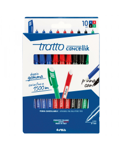 Tratto Cancellik, la cancellabile Made in Italy, con spazio per la personalizzazione e due resistenti gomme sulla penna e sul cappuccio anti-soffocamento. Inchiostro scorrevole, preciso e perfettamente cancellabile. Scrive per 1500 mt e l'inchiostro diven