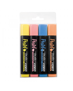 Inchiostro a base d'acqua che asciuga rapidamente su tutti i tipi di carta normale, autoricalcante e fax. Punta scalpello con tratto 1,0-5,0mm. Astuccio 4 colori assortiti: giallo limone , azzurro mirtillo, rosa pompelmo, arancione albicocca.