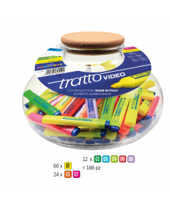 Boccia 168 evidenziatori con colori assortiti. Inchiostro a base d'acqua che asciuga rapidamente su tutti i tipi di carta normale, autoricalcante e fax. Punta scalpello con tratto 1,0-5,0mm. Assortimento colori: 60 x giallo, 24 x arancione, 24x fucsia, 12