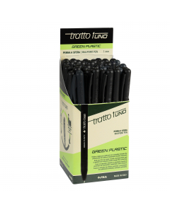 Tratto 1 Green Plastic, la nuova Tratto 1 tutta green! Corpo e cappuccio sono realizzati sia con plastica riciclata che con plastica da riutilizzo industriale. Scrittura scorrevole e partenza immediata, traccia media 0,5 mm in 3 colori di scrittura blu, r