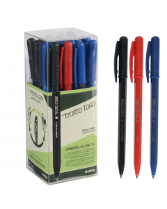 Tratto 1 Green Plastic, la nuova Tratto 1 tutta green! Corpo e cappuccio sono realizzati sia con plastica riciclata che con plastica da riutilizzo industriale. Scrittura scorrevole e partenza immediata, traccia media 0,5 mm in 3 colori di scrittura blu, r