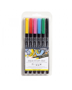 Confezione 6 pennarelli a due punte di ottima qualità. Punta fine per disegni di precisione, contorni e dettagli. La punta pennello permette invece una pennellata piatta, morbida e pulita. Colori a base acqua perfettamente acquerellabili.