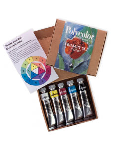 Colori vinilici Polycolor Primary Set comprende 5 tubetti da 20ml (colori primari, nero e bianco).