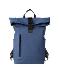 Zaino Roll-top realizzato con materiale gommato resistente all'acqua e idrorepellente. Dotato di grande vano centrale e tasce laterali. Chiusura superiore con zip e moschettone. Incluso guscio porta notebook 15".