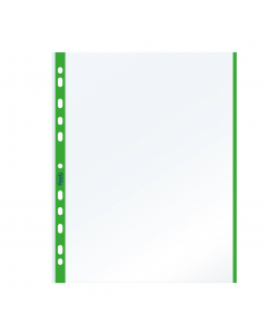 Busta forata con banda verde realizzata  in Naturene (polipropilene) trasparente a buccia d'arancia. Foratura universale con banda di rinforzo e bordo colorato per un'immediata identificazione. Formato 21x29,7cm. Made in Italy