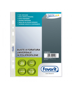 Buste forate realizzate in Naturene (polipropilene) trasparente liscio con foratura universale. Tipologia superior 15x21cm. Confezione da 25 buste. Made in Italy