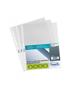 Buste forate realizzate in Naturene (polipropilene) trasparente liscio con foratura universale. Tipologia superior 21x29,7cm. Confezione da 50 buste. Made in Italy