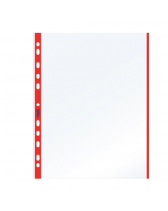 Busta forata con banda rossa realizzata  in Naturene (polipropilene) trasparente a buccia d'arancia. Foratura universale con banda di rinforzo e bordo colorato per un'immediata identificazione. Formato 21x29,7cm. Made in Italy
