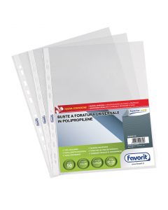 Buste forate realizzate in Naturene (polipropilene) trasparente liscio con foratura universale. Tipologia superior 22x30cm. Confezione da 50 buste. Made in Italy