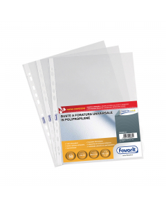Buste forate realizzate in Naturene (polipropilene) trasparente buccia con foratura universale. Tipologia superior 22x30cm. Confezione da 50 buste. Made in Italy