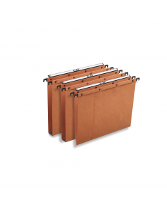 Cartella sospesa realizzata in robusto cartoncino kraft di alta qualità da 240gr. 
Barrette in acciaio con ganci rivestiti in plastica. 
Porta etichette a lente di ingrandimento per agevolare la lettura. 
Sistema di collegamento in continuo con bottoni a 