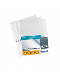 Buste forate realizzate in Naturene (polipropilene) trasparente buccia con foratura universale. Tipologia superior 21x29,7cm. Confezione da 50 buste. Made in Italy