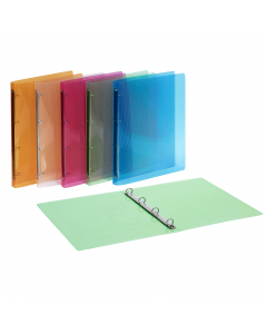 Realizzati in polipropilene colorato con speciale finitura rigata. Disponibili in 5 colori: arancio, fucsia, verde, azzurro e neutro. Formato interno 22x30cm. Dotati di meccanismo a 4 anelli tondi con Ø15mm e Ø30 mm. Made in Italy.