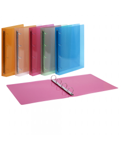 Realizzati in polipropilene colorato con speciale finitura rigata. Disponibili in 5 colori: arancio, fucsia, verde, azzurro e neutro. Formato interno 22x30cm. Dotati di meccanismo a 4 anelli tondi con Ø15mm e Ø30 mm. Made in Italy.