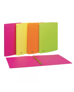 Realizzati in polipropilene opaco dai colori fluo con copertina flessibile. Disponibili in 4 colori: fucsia, giallo, arancio e verde. Formato interno 22x30 cm. Disponibili con meccanismo a 4 anelli tondi con Ø15mm e Ø30 mm. Made in Italy.