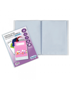 Portalistini personalizzabili  trasparente in polipropilene con 80 buste interne a finitura liscia ultratrasparente e copertina ad alto spessore con tasca per la personalizzazione. Formato utile: 22x30cm. Made in Italy.