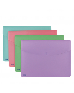 Realizzati in polipropilene opaco dai colori pastello. Elevato spessore. Chiusura con bottone a pressione colorato in tinta. Indispensabili per proteggeree trasportare documenti. Disponibili in 4
colori pastello: celeste, cipria, smeraldo e glicine. Forma