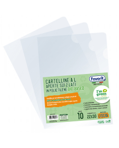 Cartelline a L realizzate in polietilene trasparente con più del 30% di polietilene "I’m green™ bio-based" una materia prima rinnovabile, totalmente riciclabile, la cui produzione deriva dalla lavorazione della canna da zucchero che, rispetto a quella dei