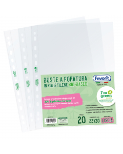 Buste a foratura universale realizzate in polietilene trasparente con più del 30% di polietilene "I’m green™ bio-based" una materia prima rinnovabile, totalmente riciclabile, la cui produzione deriva dalla lavorazione della canna da zucchero che, rispetto