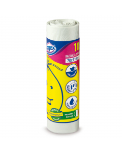 Sacchetti bianchi in polietilene ad alta densità per raccolta differenziata 70x110cm, 16micron, 24gr. Capienza 120 litri. Confezionati in rotolo con fascetta.