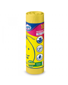 Sacchetti gialli in polietilene ad alta densità per raccolta differenziata 70x110cm, 16micron, 24gr. Capienza 120 litri. Confezionati in rotolo con fascetta.