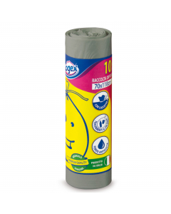 Sacchetti grigi in polietilene ad alta densità per raccolta differenziata 70x110cm, 16micron, 24gr. Capienza 120 litri. Confezionati in rotolo con fascetta.