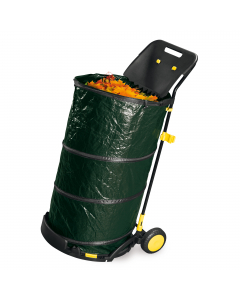 Carrello raccoglifoglie in acciaio verniciato con sacco pop up e pratici ganci per fissare rastrelli su entrambi i lati. Completo di paletta raccogli foglie e ruote robuste per una maggiore mobilità. Capacità 150Lt. Dimensioni: H108 x P52 x L60cm.Articolo