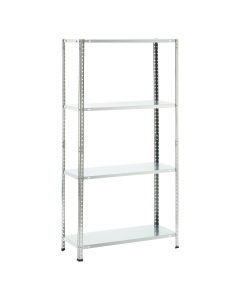 Scaffale in metallo galvanizzato a bulloni con 4 ripiani, spessore 0,4 mm, portata massima 45 kg per ripiano uniformemente distribuiti. Spessore struttura 0,55 mm. Prodotto da assemblare. Dimensioni: H147 x P30 x L75cm. Articolo destinato ad esclusivo uso