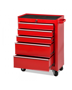 Carrello portautensili in acciaio a cinque cassetti dotato di maniglia per un trasporto agevole e quattro ruote, due fisse e due pivottanti, cassetti con fogli antigraffio e due chiavi in dotazione. Dimensioni: 77x33x69cm. Articolo destinato ad esclusivo 