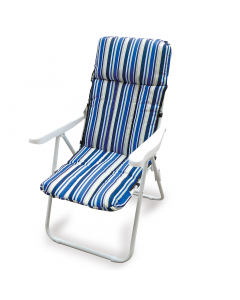 Struttura in acciaio verniciato color bianco con cuscino imbottito a righe blu. Pieghevole e regolabile in 5 posizioni. Dimensioni: H106 x P68 x L58cm - peso 4,75kg.Articolo destinato ad esclusivo uso domestico. Non adatto ad uso pubblico.
