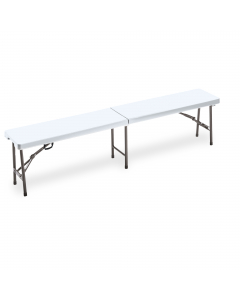 Panca HORECA rettangolare pieghevole di colore bianco. Struttura in acciaio verniciato con vernici epossidiche color grigio e top in HDPE di colore bianco pieghevole. Dimensioni: H44 x P30 x L183cm - 8,6kg.Articolo destinato ad esclusivo uso domestico. No