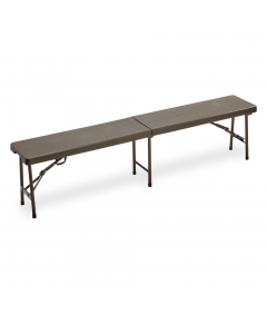 Panca HORECA rettangolare pieghevole di colore noce. Struttura in acciaio verniciato con vernici epossidiche color grigio e top in HDPE di colore noce pieghevole. Dimensioni: H44 x P30 x L183cm - 8,6kg.Articolo destinato ad esclusivo uso domestico. Non ad