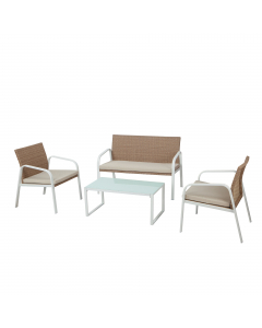 Set composto da un tavolino, un divano e due poltrone. Struttura in acciaio verniciato con vernici epossidiche di colore bianco, rivestimento in polyrattan miele completo di cuscini di color beige. Tavolo rettangolare con top in vetro temperato spessore 5