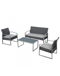 Set composto da un tavolino, un divano e due poltrone. Struttura in acciaio verniciato con vernici epossidiche di colore grigio, rivestimento in polyrattan nero lavato completo di cuscini di colore grigio. Tavolo rettangolare con top in vetro temperato sp