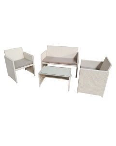 Set composto da un tavolino, un divano e due poltrone. Struttura in acciaio verniciato con vernici epossidiche, rivestimento in polyrattan colore bianco completo di cuscini colore grigio chiaro. Tavolo rettangolare con top in vetro temperato spessore 5mm.