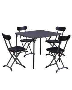 Set pieghevole composto da un tavolo quadrato e quattro sedie. Struttura in acciaio verniciato con vernici epossidiche color antracite, top in HDPE di colore antracite. Il set è consegnato montato e contenuto in due cartoni.Articolo destinato ad esclusivo