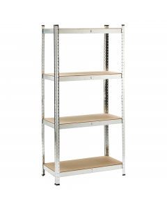 Scaffale in metallo galvanizzato ad incastro con 4 ripiani in MDF, spessore 4 mm, portata massima 150 kg per ripiano uniformemente distribuiti. Spessore struttura 0,63 mm. Prodotto da assemblare. Dimensioni: H160 x P40 x L80cm. Articolo destinato ad esclu