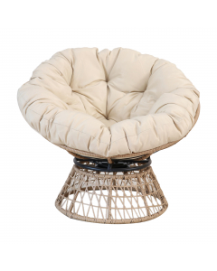 Struttura girevole in acciaio, rivestino in polyrattan color naturale. Seduta e schienale in polyrattan color naturale. Poltrona dotata di cuscino color beige, altezza 15cm. Seduta 95x86cm. Portata 150kg. Dimensioni: L95xP85xH76cm