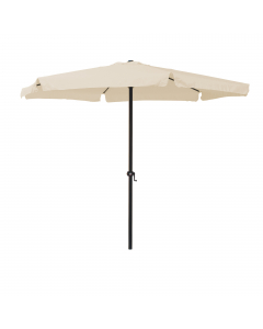 Ombrellone tondo con palo in acciaio Ø 48 mm verniciato color antracite, dotato di manovella per apertura e chiusura. Copertura in poliestere di colore ecru impermeabile di 160 gr/m² completo di apertura per sfogo aria. Dimensioni: H240 x Ø300cm - peso 6k