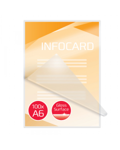 Pouches trasparente per plastificatrici GBC in formato A6, 11,1x15,4cm, spessore 75 micron per lato. Cento pezzi per confezione, in finitura lucida, bustine plastificanti preformate utilizzabili sia con carrier che senza, ottima adesione del collante.