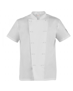 Giacca da cuoco a manica corta con abbottonatura doppio petto, collo arrotondato e porta penne sulla manica sinistra. Vestibilità Slim Fit e bottoni estraibili sulla pettorina davanti. Realizzata in tessuto 100% cotone nella variante bianca. Ha la variant